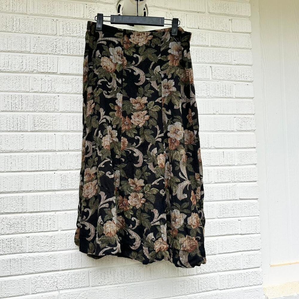 Vintage 90s First Option Black Floral Tapestry Midi Skirt